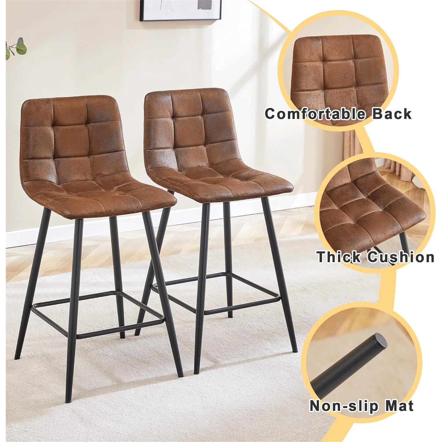 SUDICA 24.4" Counter Height Bar Stools, Brown PU Leather, Metal Legs, Set of 2