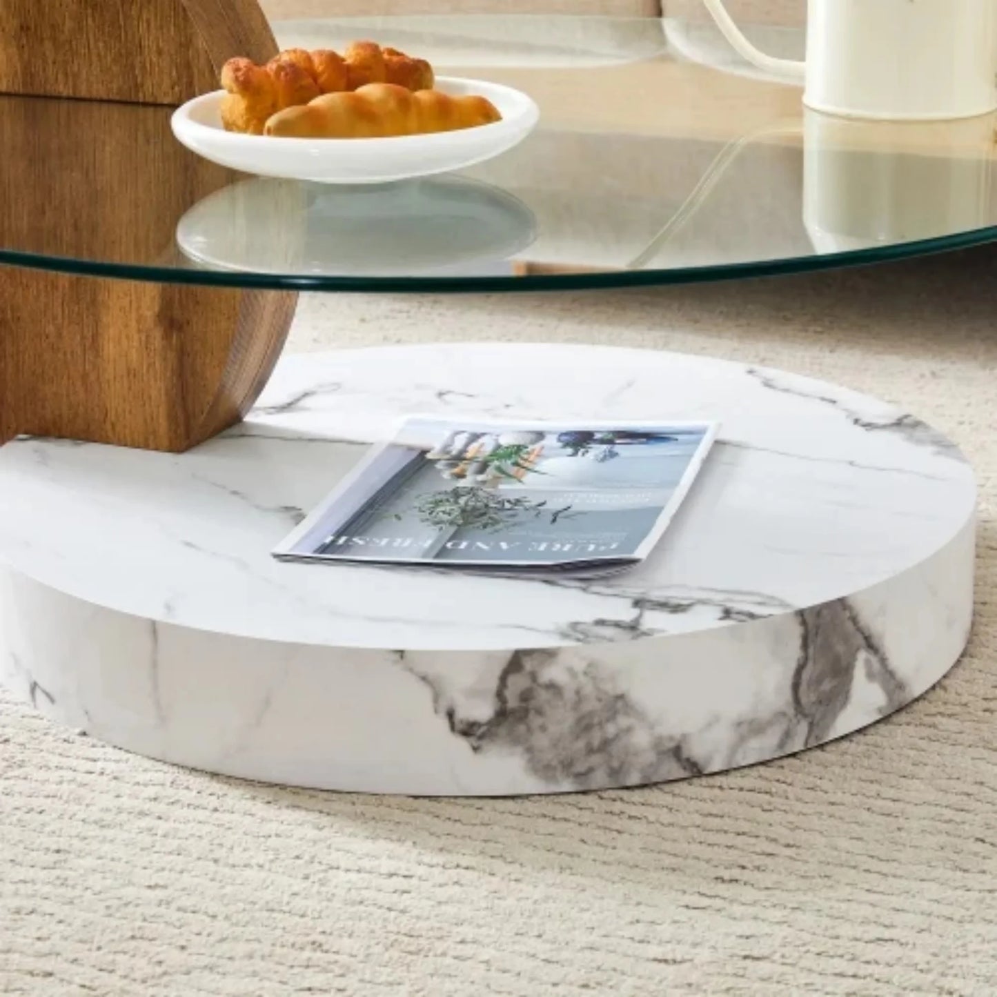 Sudica Modern Round Glass Coffee Table with Dark Wood and White Marble Base