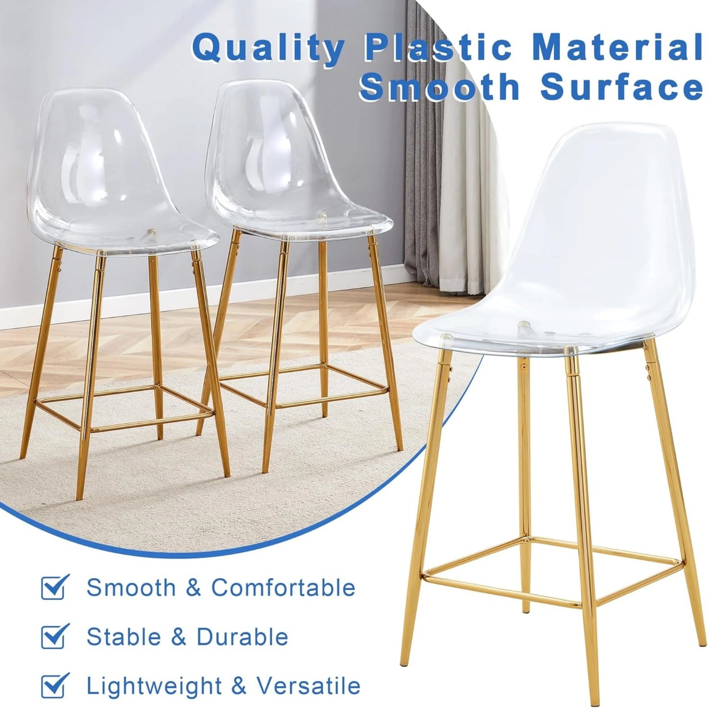 SUDICA Counter Height Bar Stools Set of 4, Clear Acrylic Seats, Gold Metal Legs, Indoor