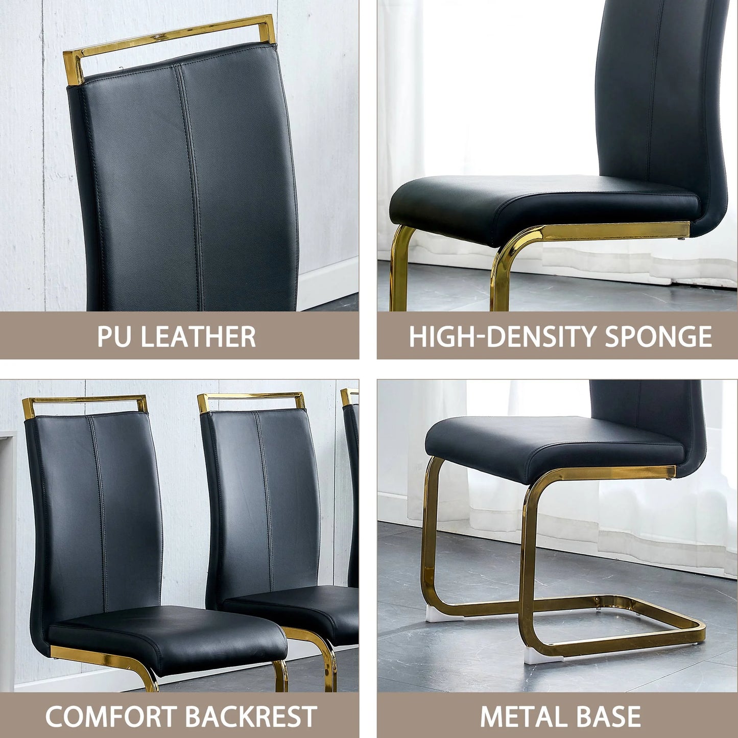 SUDICA 7 Piece Black Glass Dinner Table Set with 6 Faux Leather Chairs, Gold Base, 63"