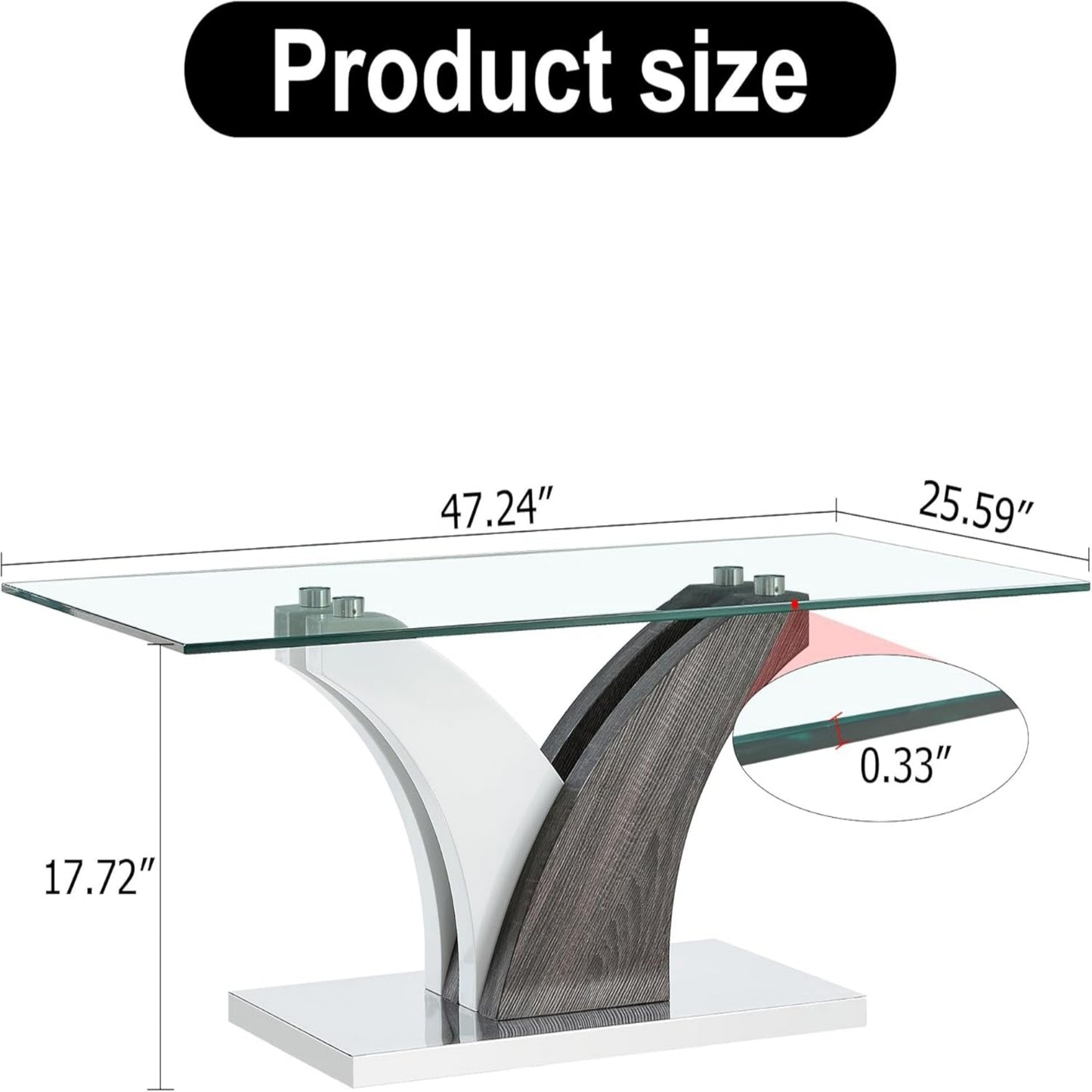 SUDICA Glass Coffee Table, 47" Tempered Clear Top, Modern MDF Base, for Living Room