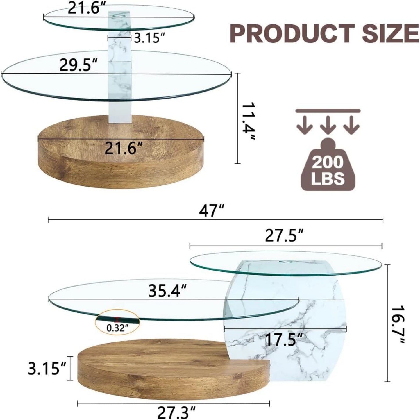 Sudica Modern Coffee Table with Double-layer Round Glass Tabletop,47" Tea Table with White and Wood Faux Marble Patterned Base,Center Table for Living Room