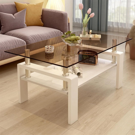 Glass Coffee Table Rectangle Living Room Center Table with Storage, Clear Tempered Glass Tabletop and Smoke Grey Leg,for Living Room and Office (Clear Smoke),Brown white