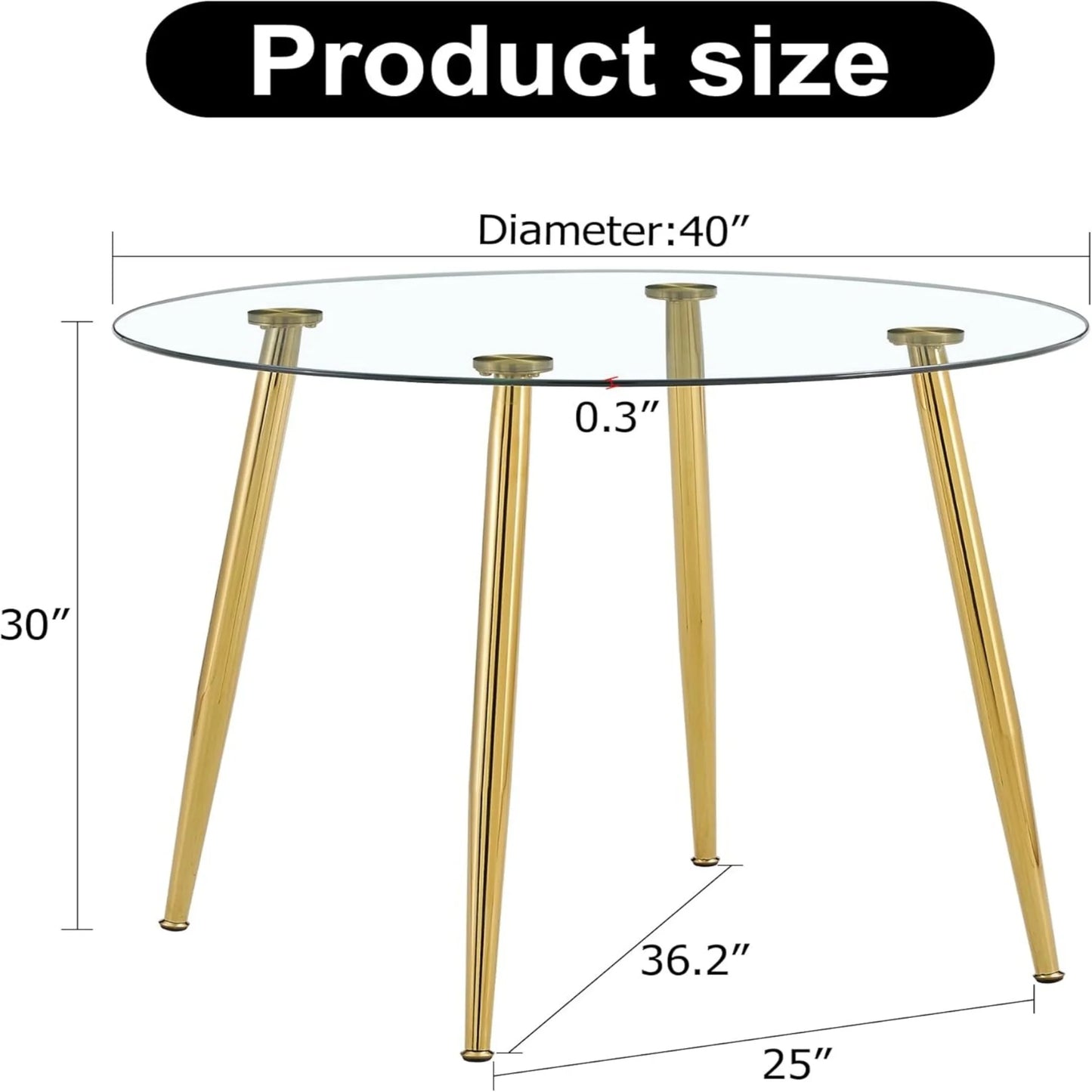 Sudica 40‑Inch Tempered Glass Round Dining Table, Gold Metal Legs, Modern Kitchen & Dining Room