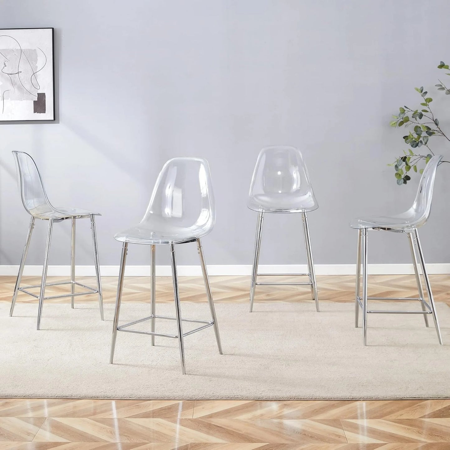 SUDICA Counter Height Bar Stools Set of 4, Clear PET Seats, Silver Metal Legs