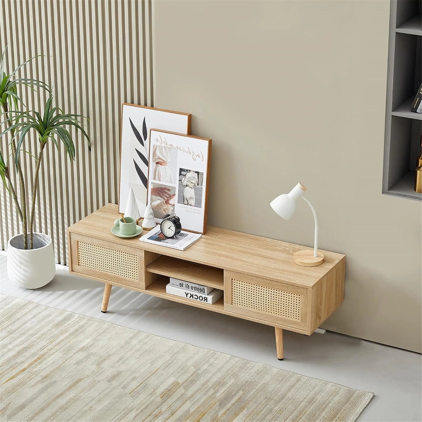 Rattan TV Stand for 65 Inch TV, Boho Entertainment Center with Adjustable Shelves & Metal Frame, Wood TV Media Console with Variable Light Strip for Living Room, White,Natural Wood