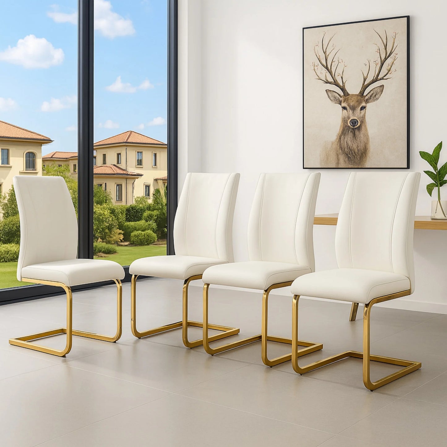 SUDICA Dining Chairs Set of 4, White PU Leather High Back Armless with Gold Legs