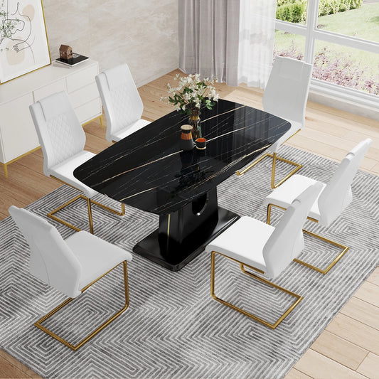 63" Dining Table Set for 6, Marble Rectangle Kitchen Table with PU Leather Upholstered Dining Chairs Set of 6, Dinner Table Set for Dining Room