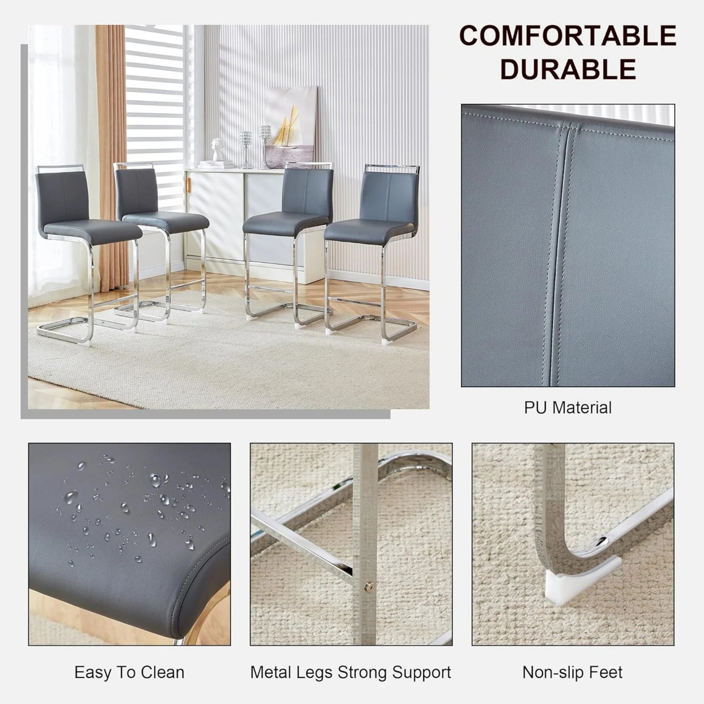 Sudica Counter Height Bar Stools Set of 2,Modern PU Leather Barstools,25 inch Seat Height ,Upholstered with Metal Legs,Dark Gray