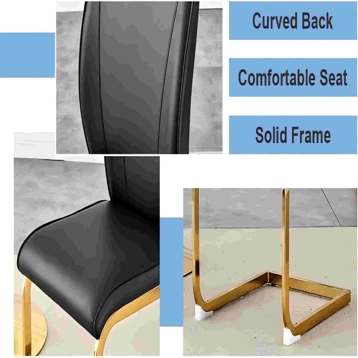 SUDICA Dining Room Chairs, Black Faux Leather High Back, Gold Metal Legs, Set of 2