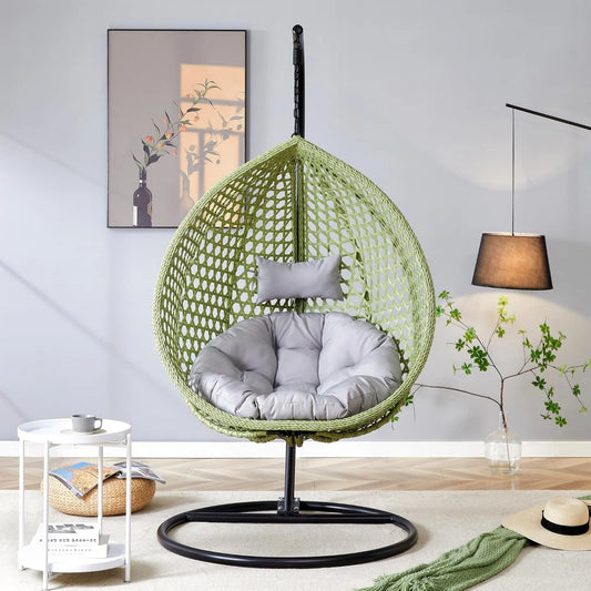 Hanging Egg Chair with Stand,Sudica Patio Soft Cushion Rattan Wicker Egg Swing Chair for Outdoor and Indoor, 350lbs Capacity,Green