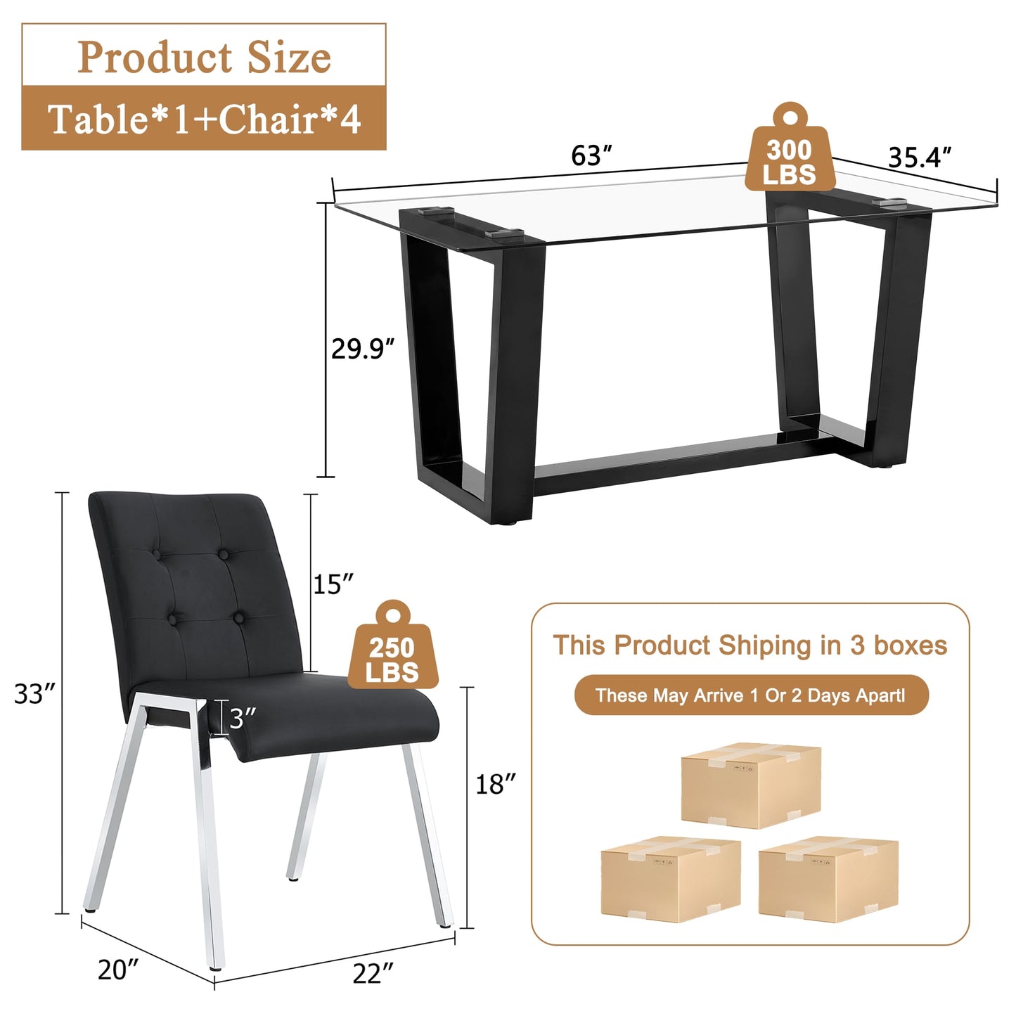 63" Glass Dining Table Set for 4, Sudica Black Legs Kitchen Table Set with Upholstered Faux Leather Dining Room Chairs, Black