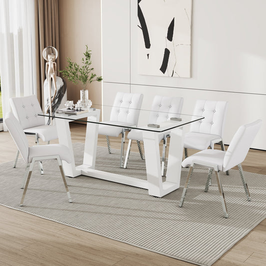 63" Glass Dining Table Set for 6, Sudica White Legs Kitchen Table Set with Upholstered Faux Leather Dining Room Chairs, White