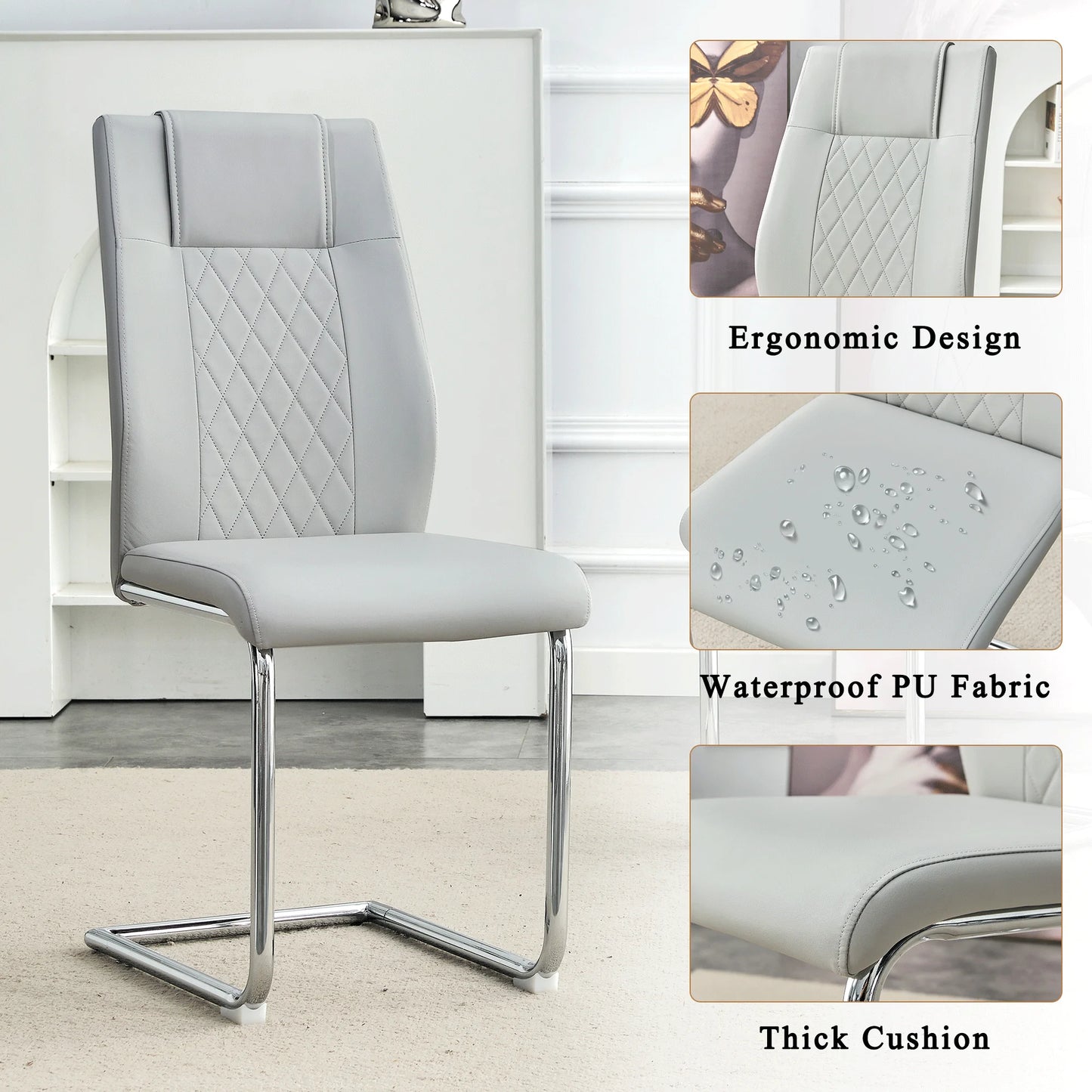 Sudica Upholstered Dining Chairs Set of 8 PU Leather Dining Room Chair with Silver Metal Legs,Light Gray