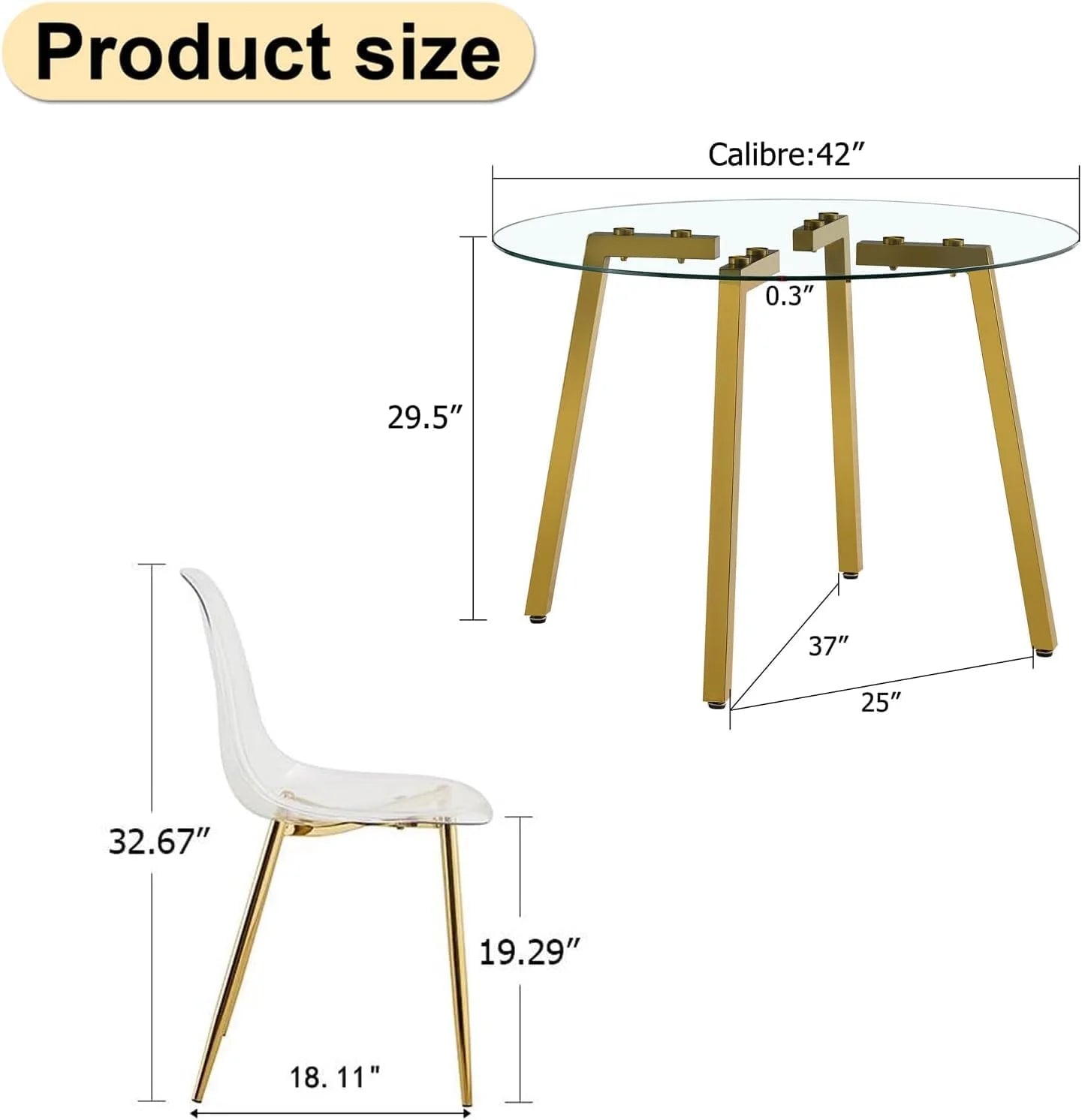 5 Pieces Dining Table Set,Glass Dining Table with 4 Crystal Plastic Dining Chairs, Modern Table and Chairs for Dining Room and Kitchen (Golden)