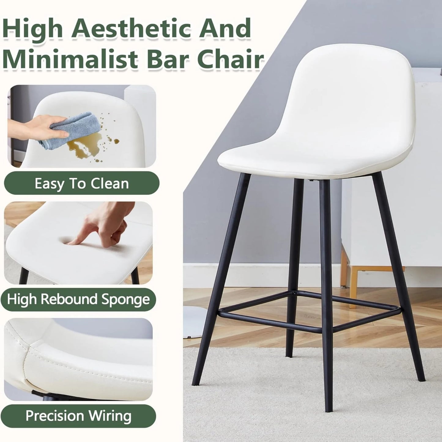 Bar stools Set of 2, Faux PU Leather Counter Height Bar Stools, Dining Room Chairs with Metal Legs & Soft Backrest, Easy to Assemble(White)