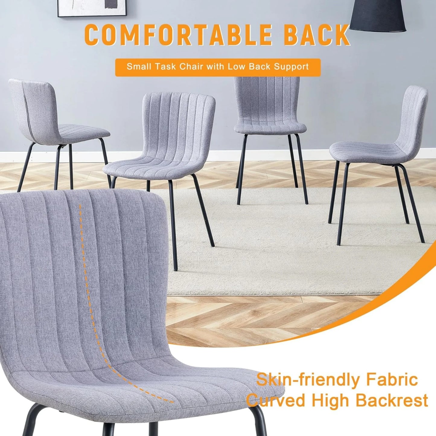 Sudica Dining Chairs Set of 4, Mid-Century Modern Upholstered Retro Linen Chairs with Walnut Bentwood Back and Metal Legs Adjustable Feet for Kitchen Dining Room, Gray Vertical Stripes Linen