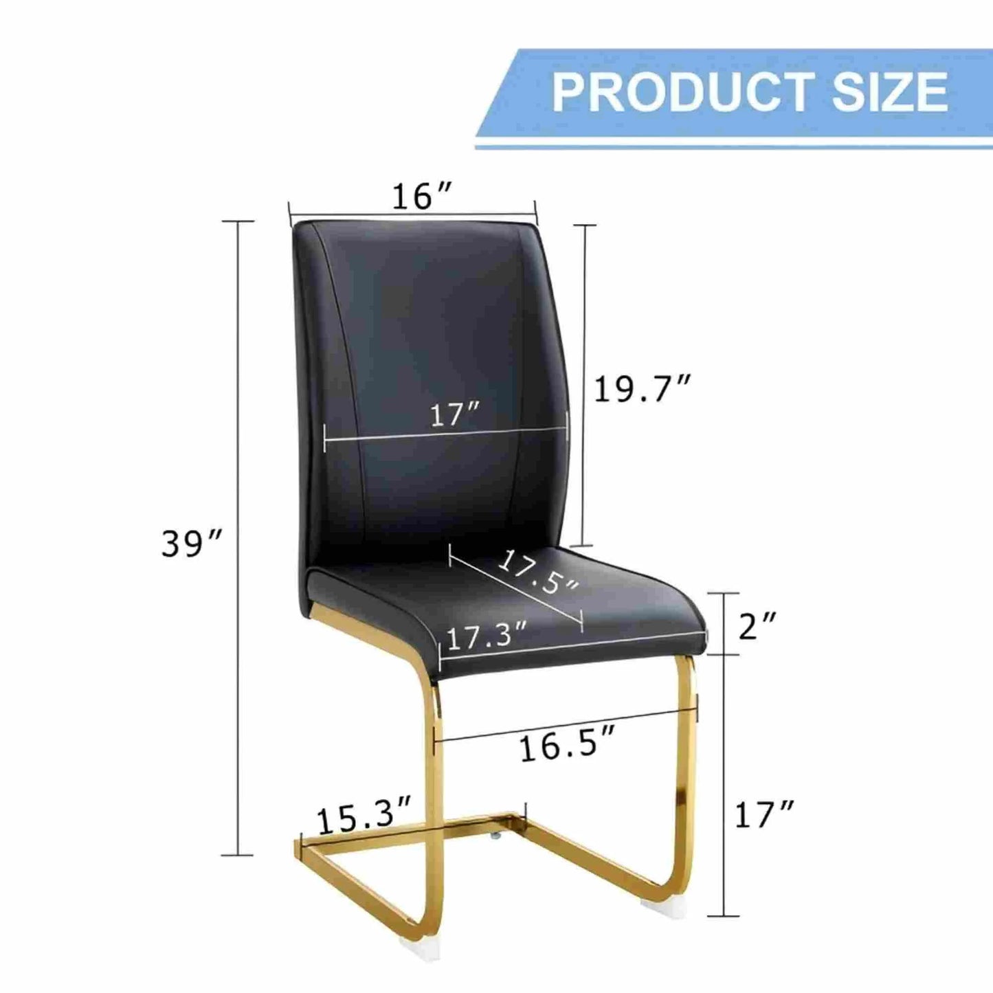 SUDICA Dining Room Chairs, Black Faux Leather High Back, Gold Metal Legs, Set of 2