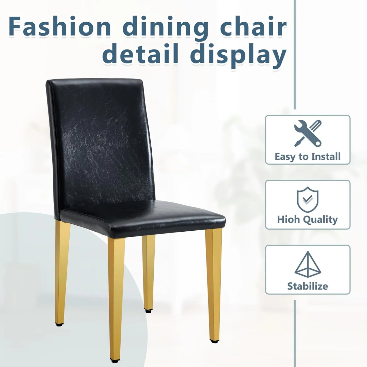 SUDICA Modern Black Faux Leather Dining Chairs Set of 2, Gold Metal Legs for Kitchen