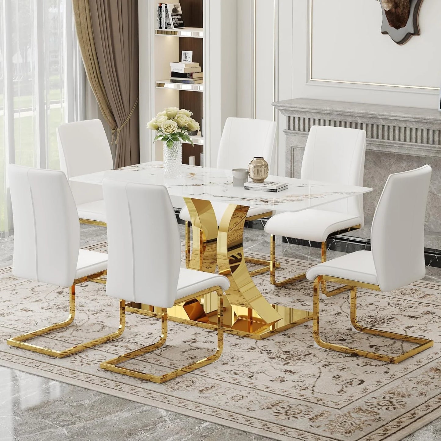 SUDICA Dining Chairs Set of 4, White PU Leather High Back Armless with Gold Legs