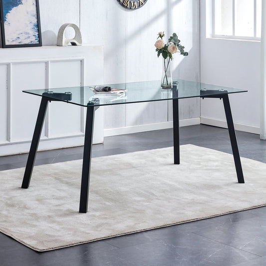 63" Glass Dining Table for 6, Sudica Clear Tempered Glass Modern Rectangular Kitchen Table with Metal Legs