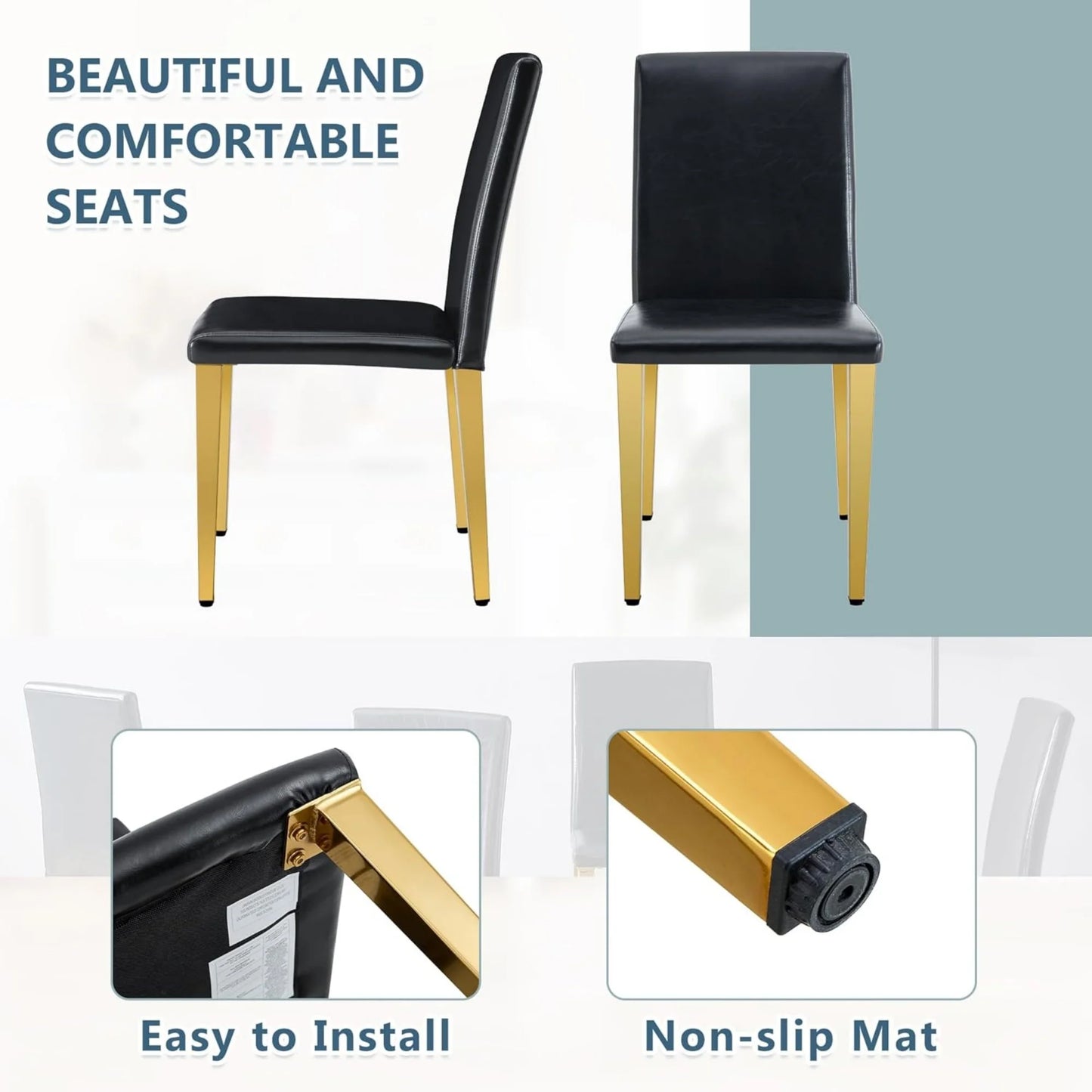 SUDICA Modern Black Faux Leather Dining Chairs Set of 2, Gold Metal Legs for Kitchen