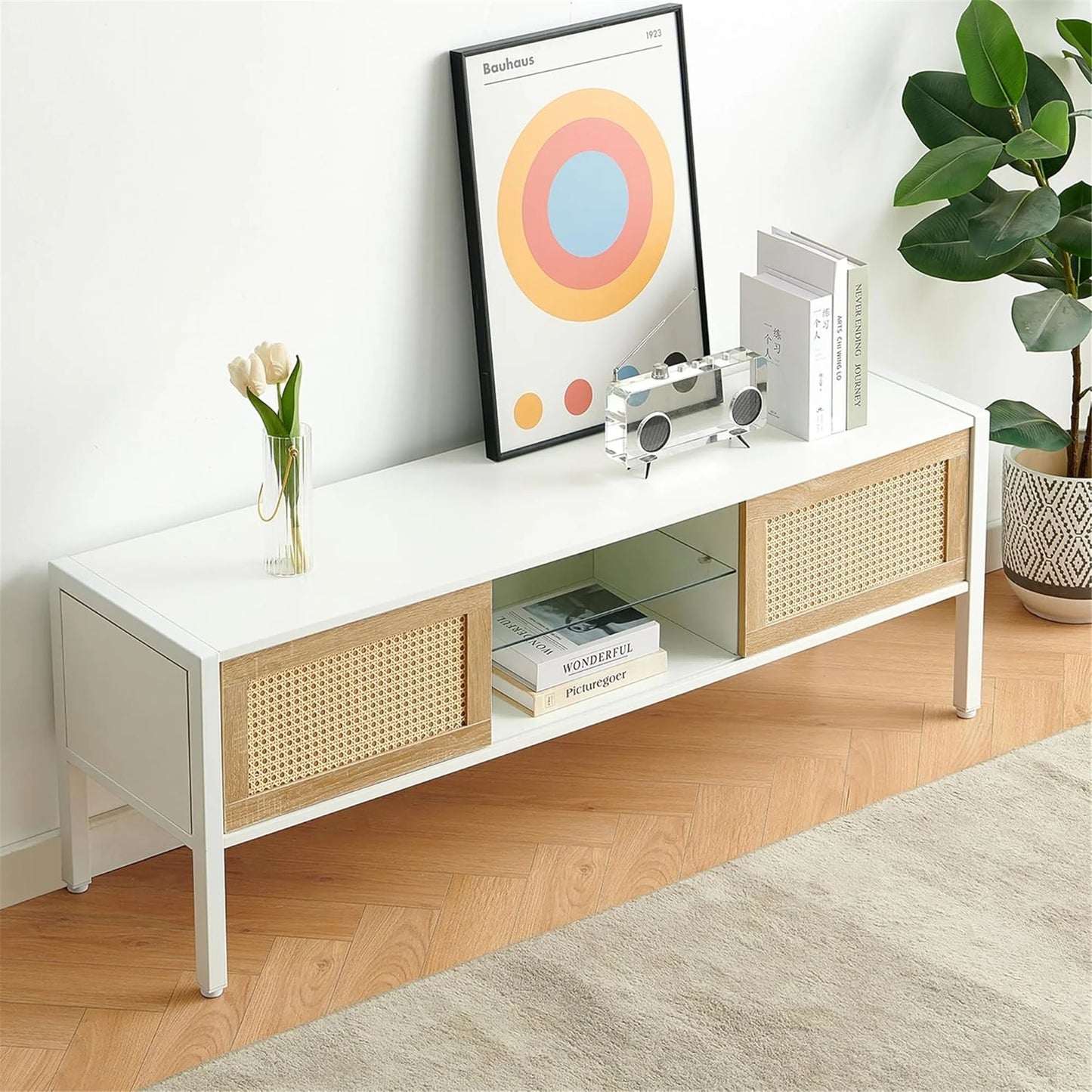 Rattan TV Stand for 65 Inch TV, Boho Entertainment Center with Adjustable Shelves & Metal Frame, Wood TV Media Console with Variable Light Strip for Living Room, White