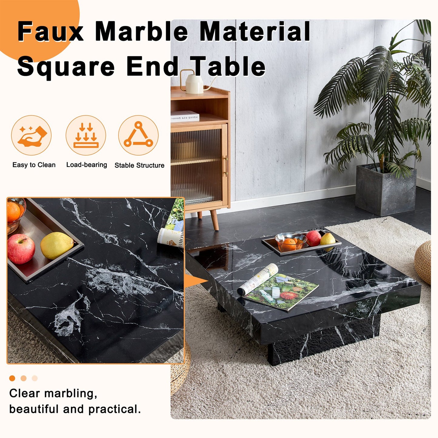 Compact Marble Coffee Table, Sudica 31 inch Square Center Table with Stainless Steel Storage for Living Room,Black