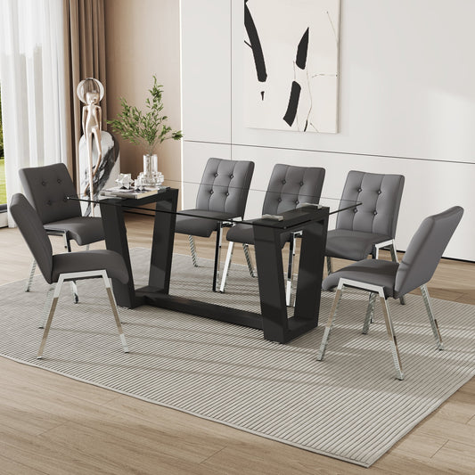 63" Glass Dining Table Set for 6, Sudica Black Legs Kitchen Table Set with Upholstered Faux Leather Dining Room Chairs, Gray