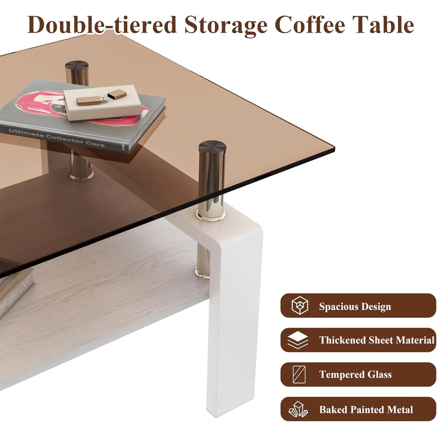Glass Coffee Table Rectangle Living Room Center Table with Storage, Clear Tempered Glass Tabletop and Smoke Grey Leg,for Living Room and Office (Clear Smoke),Brown white
