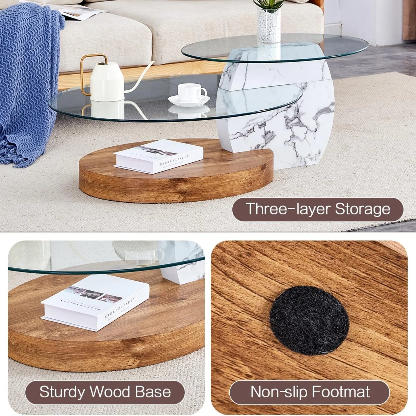 Sudica Modern Coffee Table with Double-layer Round Glass Tabletop,47" Tea Table with White and Wood Faux Marble Patterned Base,Center Table for Living Room