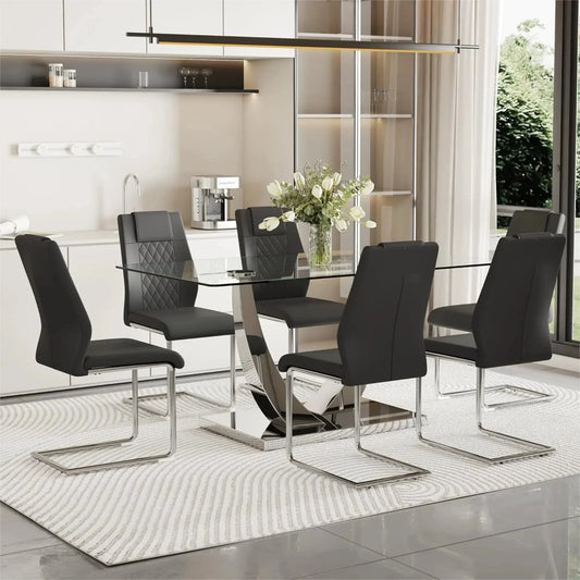 Silver Dining Table Set for 6,7PCS Glass Dining Room Table Set for 6, 63'' Rectangular Tempered Glass Top Kitchen Table Set and 6 Chairs for Dining Room Kitchen