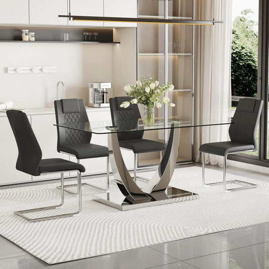 Silver Dining Table Set for 4,5PCS Glass Dining Room Table Set for 4, 63'' Rectangular Tempered Glass Top Kitchen Table Set and 4 Chairs for Dining Room Kitchen