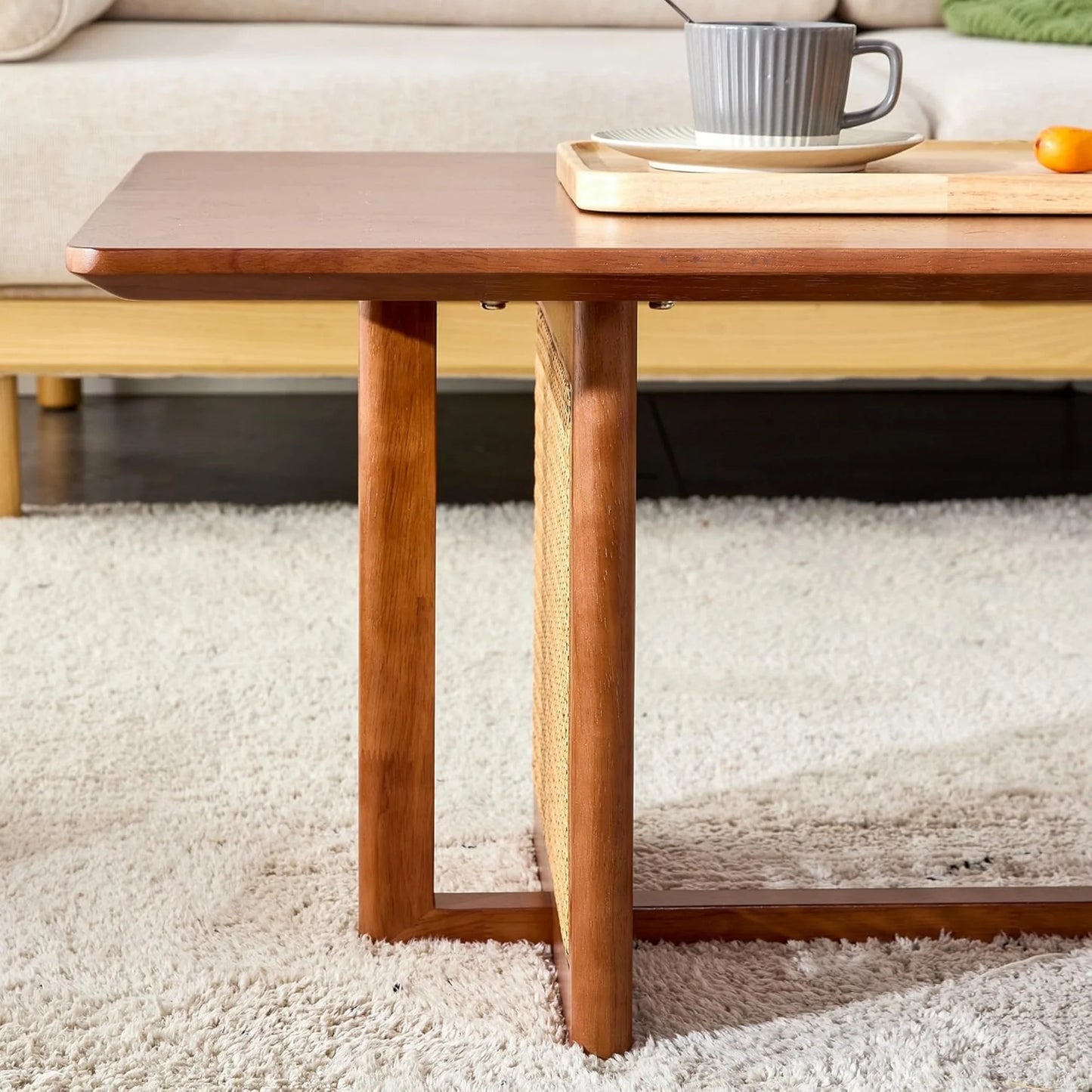 Sudica Coffee Table,47.2”Rectangle Solid Wood Table,Modern Imitation Rattan Coffee Table,Cross Table Legs for Living Room,Walnut