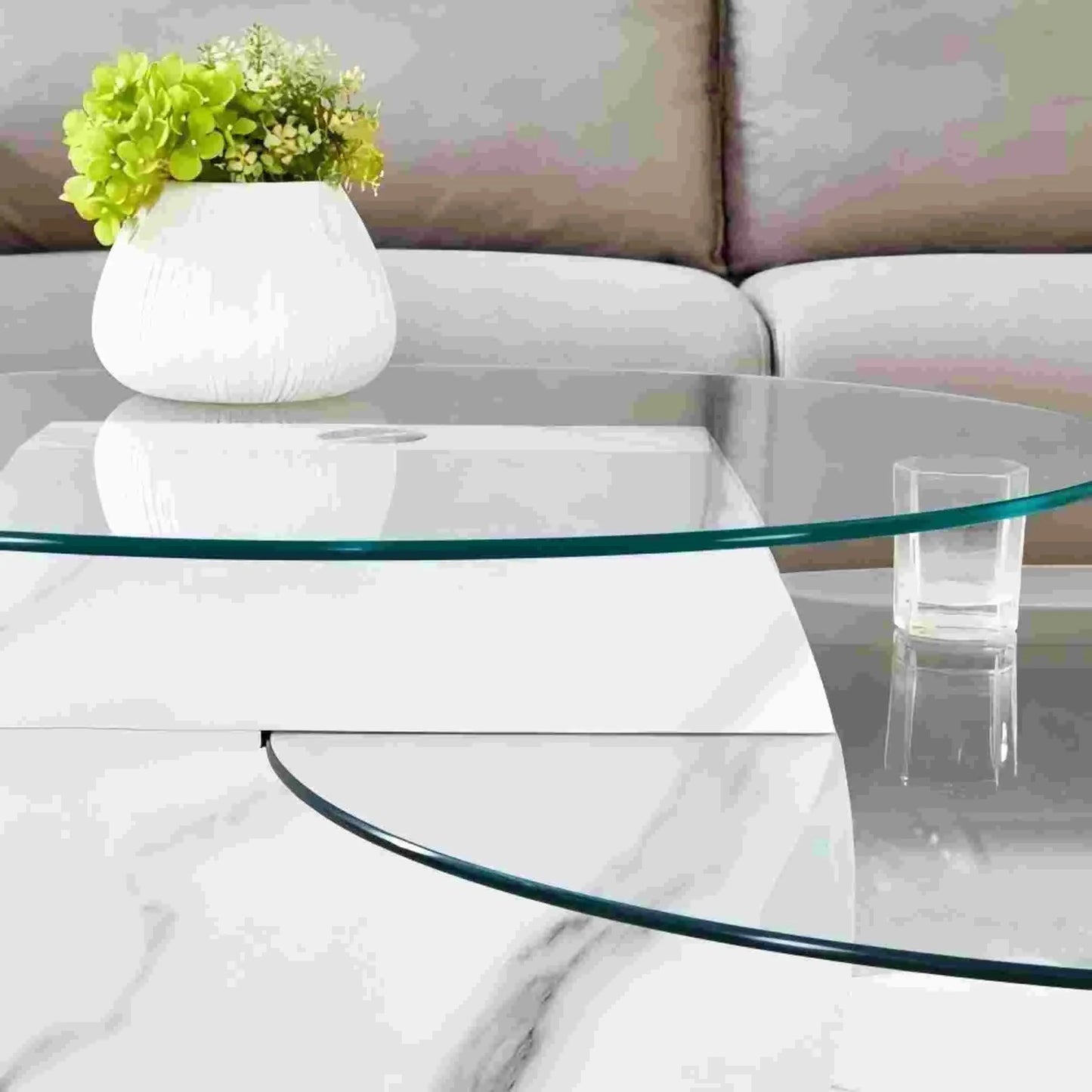 Sudica Modern Coffee Table with Double-layer Round Glass Tabletop,47" Tea Table with White Faux Marble Patterned Base,Center Table for Living Room