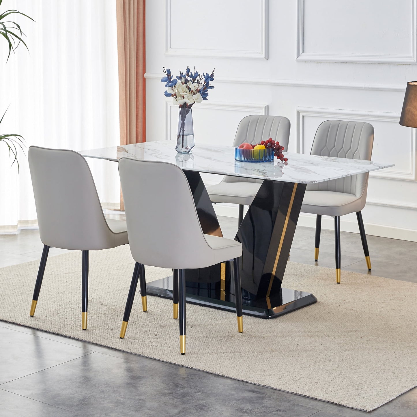 Sudica 63" Dining Table Set 5-Piece Marble Rectangular Kitchen Table & 4 Faux Leather Padded Dining Chair Set,White