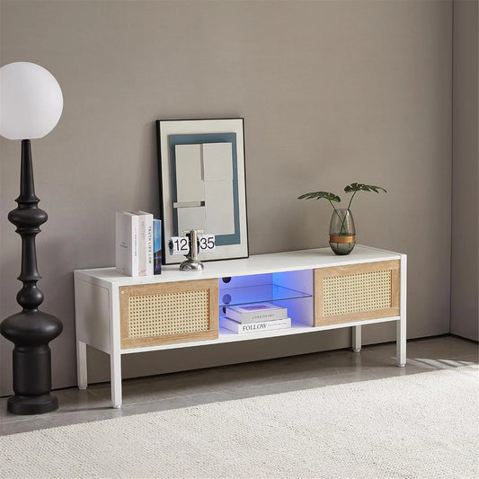 Rattan TV Stand for 65 Inch TV, Boho Entertainment Center with Adjustable Shelves & Metal Frame, Wood TV Media Console with Variable Light Strip for Living Room, White