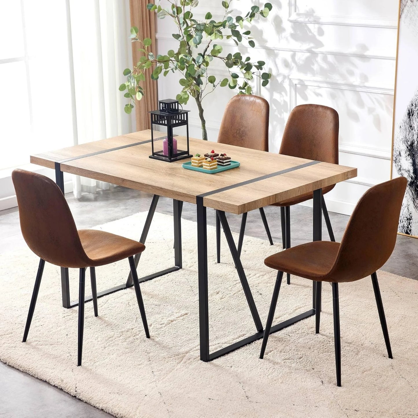 SUDICA Dining Chairs Set of 6, Brown Faux Suede Seat, Metal Legs, for Kitchen or Dining Room
