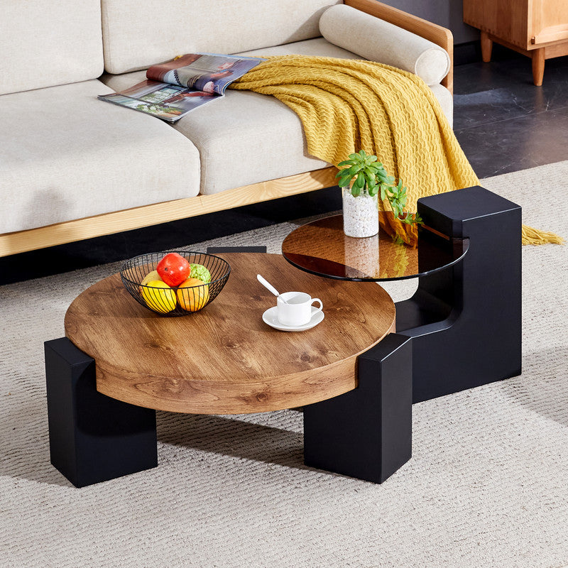 Sudica Detachable Double-decker Coffee Table,30 inch Round Tea Table with Black Faux Marble Tabletop,Center Table for Living Room
