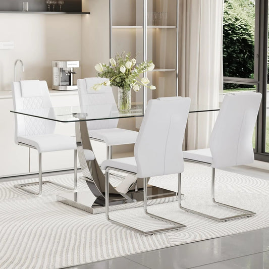 Silver Dining Table Set for 4,5PCS Glass Dining Room Table Set for 4, 63'' Rectangular Tempered Glass Top Kitchen Table Set and 4 Chairs for Dining Room Kitchen