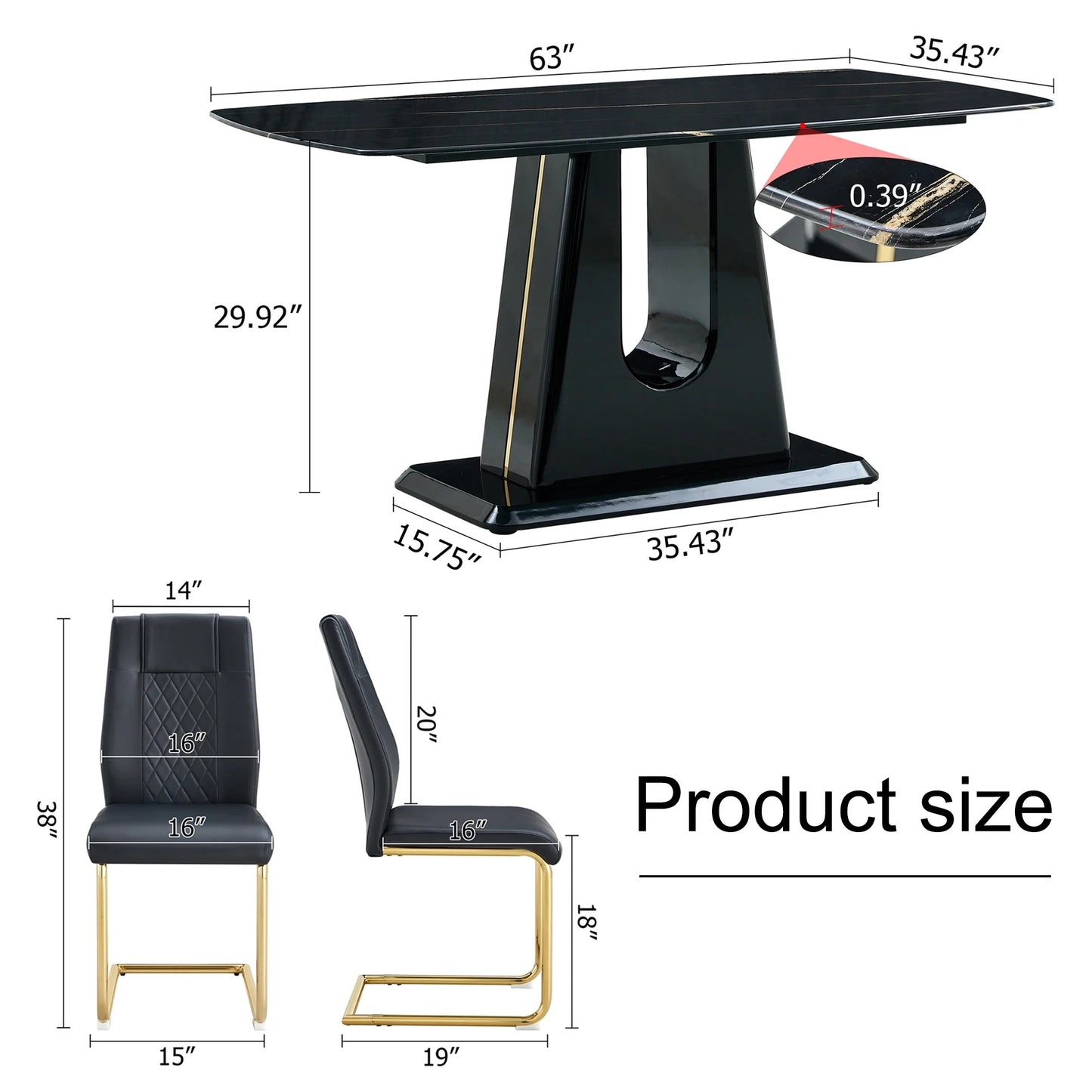 SUDICA 63" Modern Faux Marble Dining Table Set with 4 PU Leather Chairs, Gold Metal Legs, Scratch Resistant, Easy Clean Dining Set for Kitchen, Home, Apartment