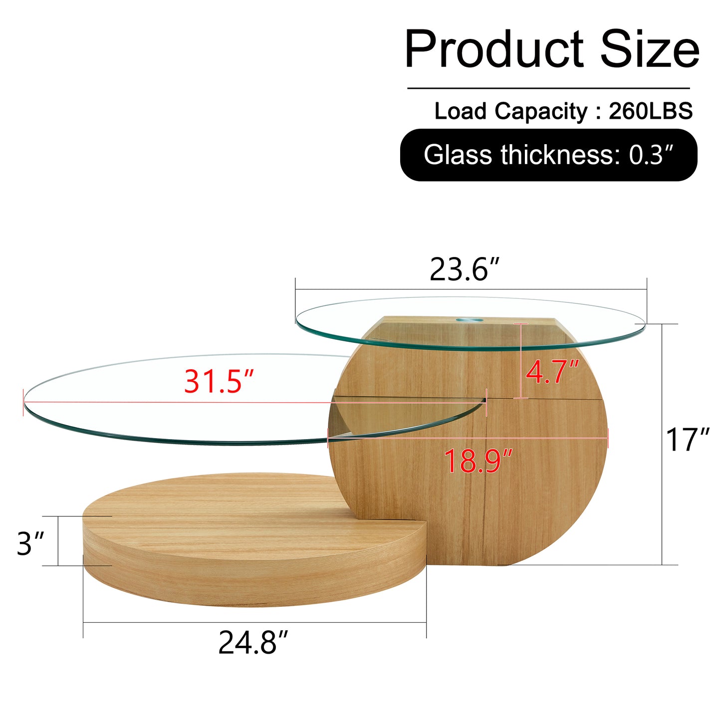 Sudica Modern Coffee Table with Double-layer Round Glass Tabletop,31 inch Tea Table with Light Wood Grain Base,Center Table for Living Room
