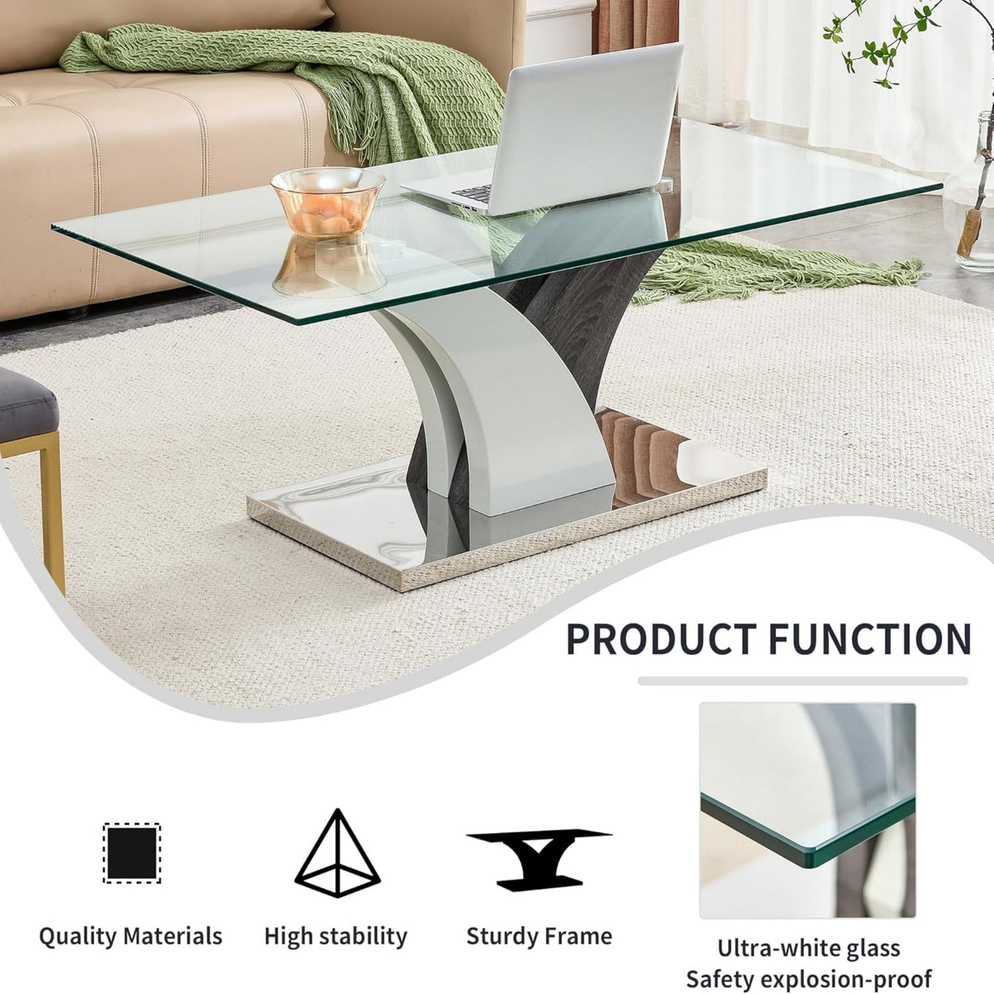 SUDICA Glass Coffee Table, 47" Tempered Clear Top, Modern MDF Base, for Living Room