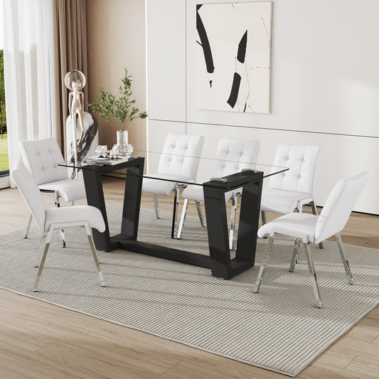 63" Glass Dining Table Set for 6, Sudica Black Legs Kitchen Table Set with Upholstered Faux Leather Dining Room Chairs, White