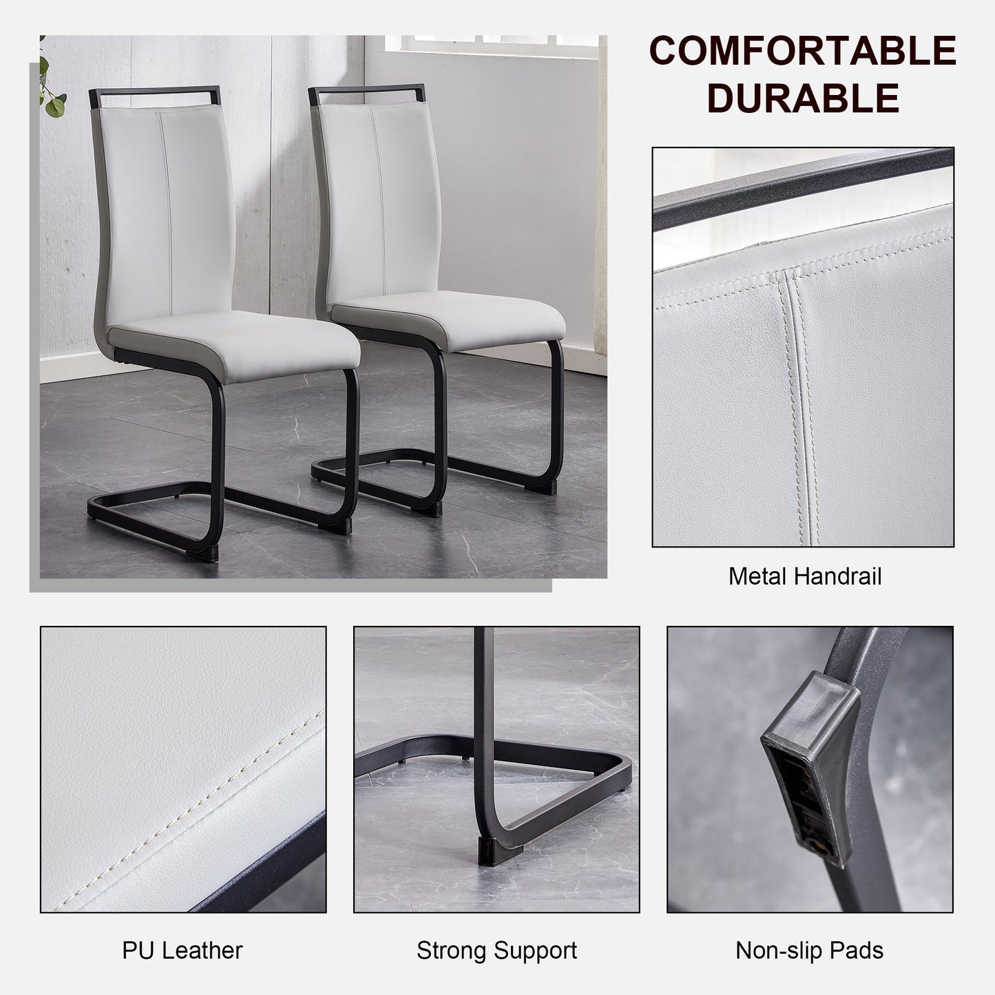 Modern Dining Side Chair Set of 2, PU Leather Side Chairs with Metal Legs for Home, Light Gray