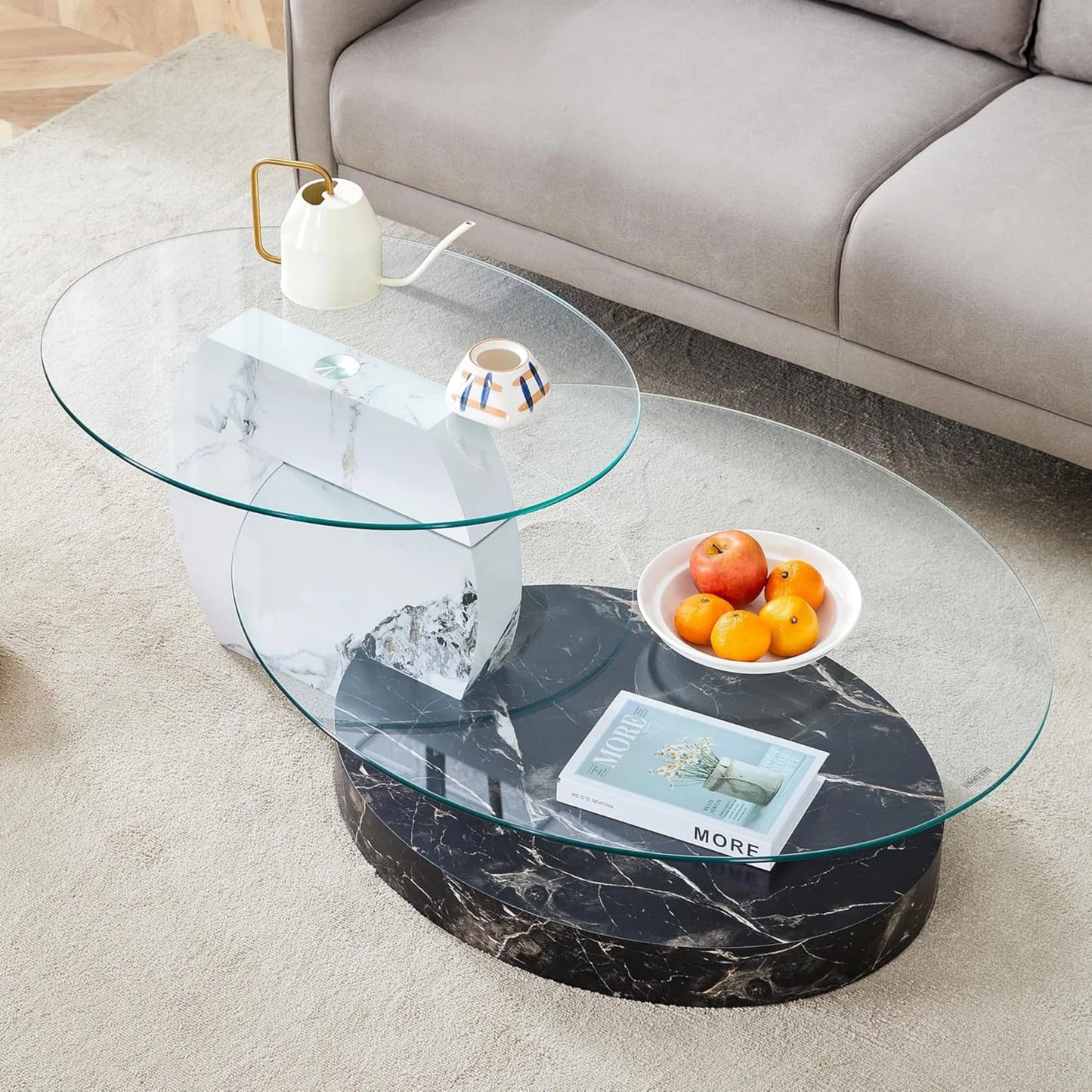 Sudica Modern Coffee Table with Double-layer Round Glass Tabletop47" Tea Table with White and Black Faux Marble Patterned Base,Center Table for Living Room