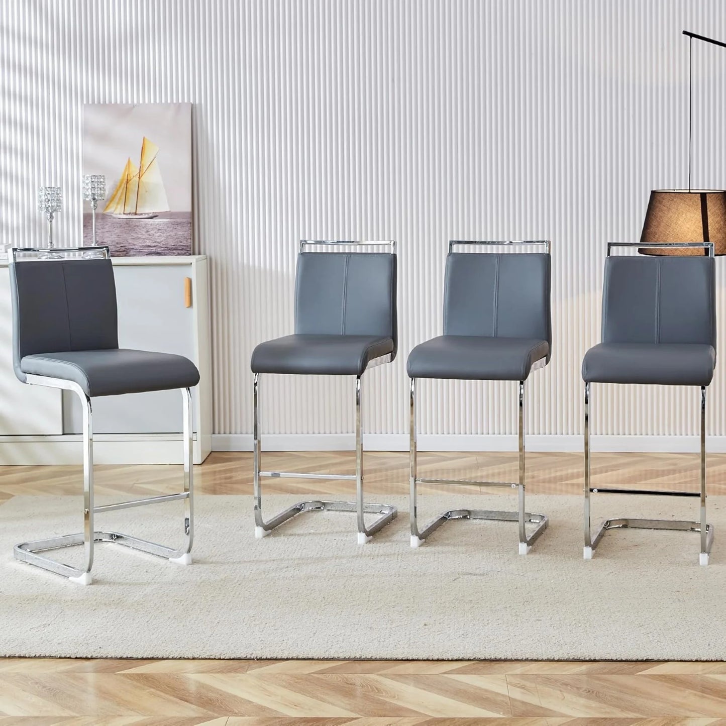 Sudica Counter Height Bar Stools Set of 4,Modern PU Leather Barstools,25 inch Seat Height,Upholstered with Metal Legs,Dark Gray