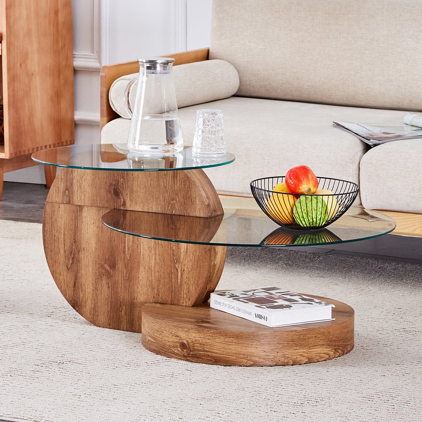 Sudica Modern Coffee Table with Double-layer Round Glass Tabletop,27 inch Tea Table with Dark Wood Grain Base,Center Table for Living Room