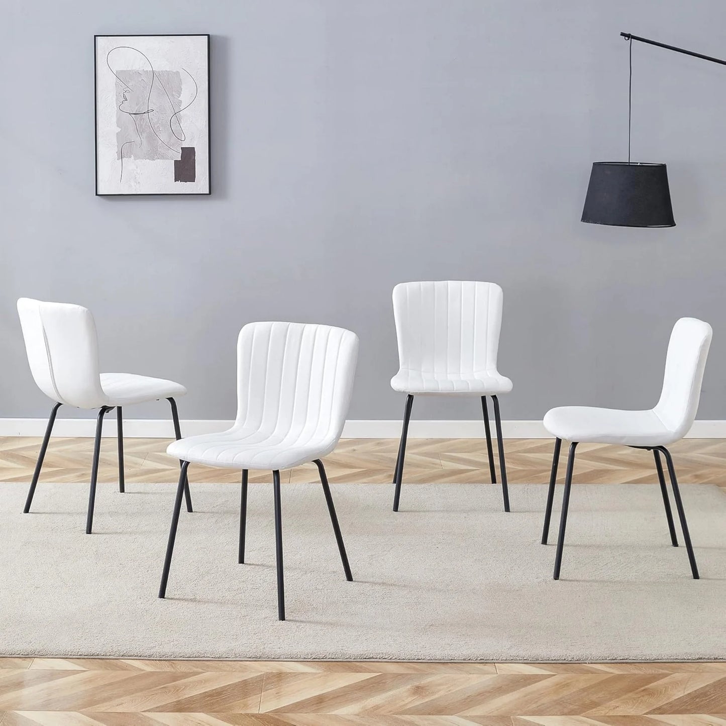 Sudica Dining Chairs Set of 4, Mid-Century Modern Upholstered Retro Linen Chairs with Walnut Bentwood Back and Metal Legs Adjustable Feet for Kitchen Dining Room, White Vertical Stripes Linen