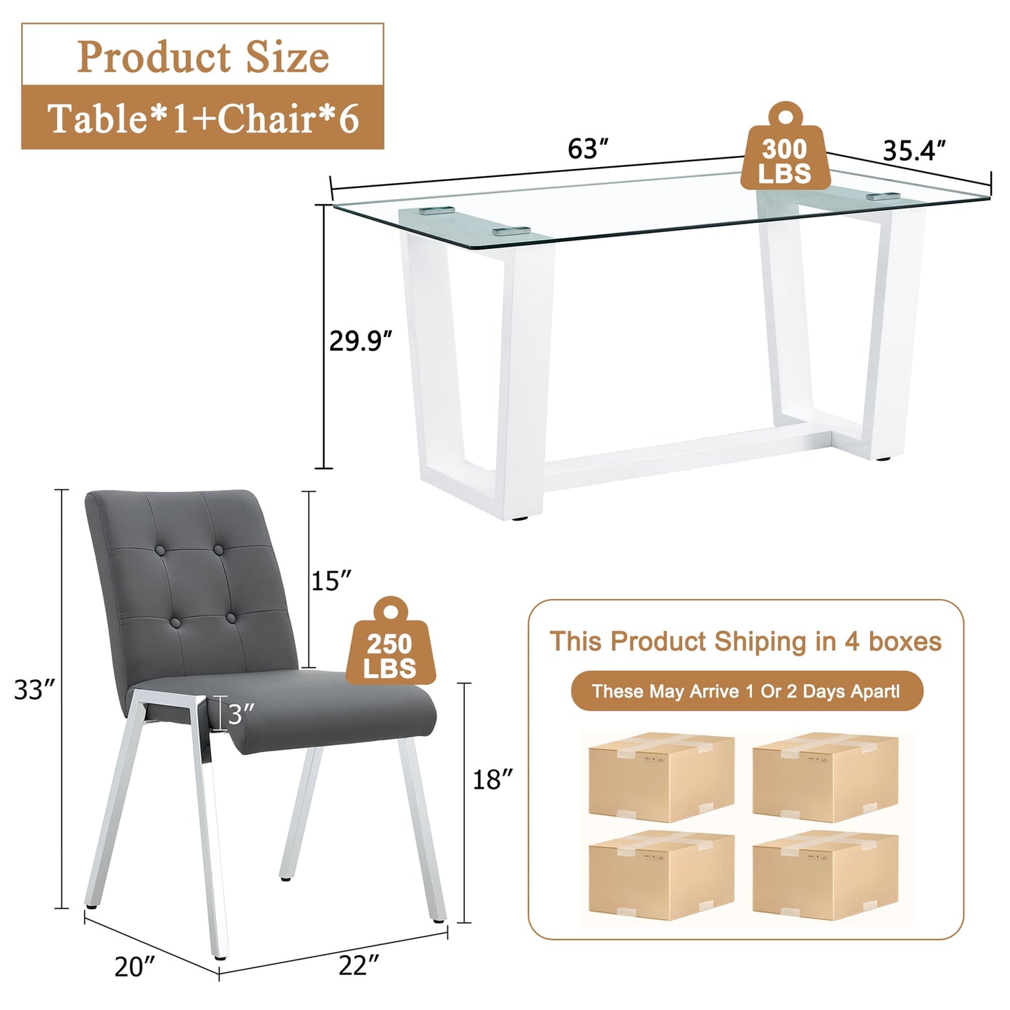 63" Glass Dining Table Set for 6, Sudica White Legs Kitchen Table Set with Upholstered Faux Leather Dining Room Chairs, Gray